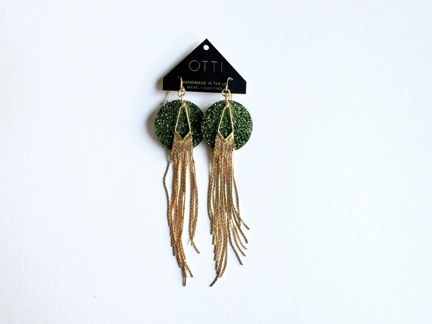 18K Gold Glamour Fringe earring: EMERALD glitter acrylic