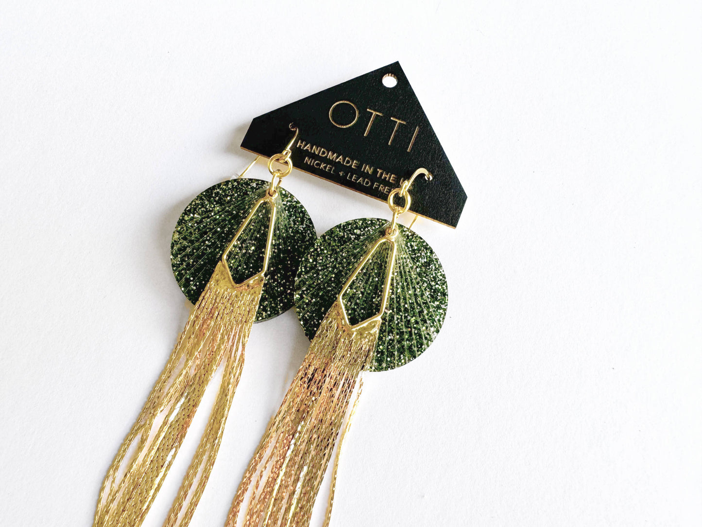 18K Gold Glamour Fringe earring: EMERALD glitter acrylic
