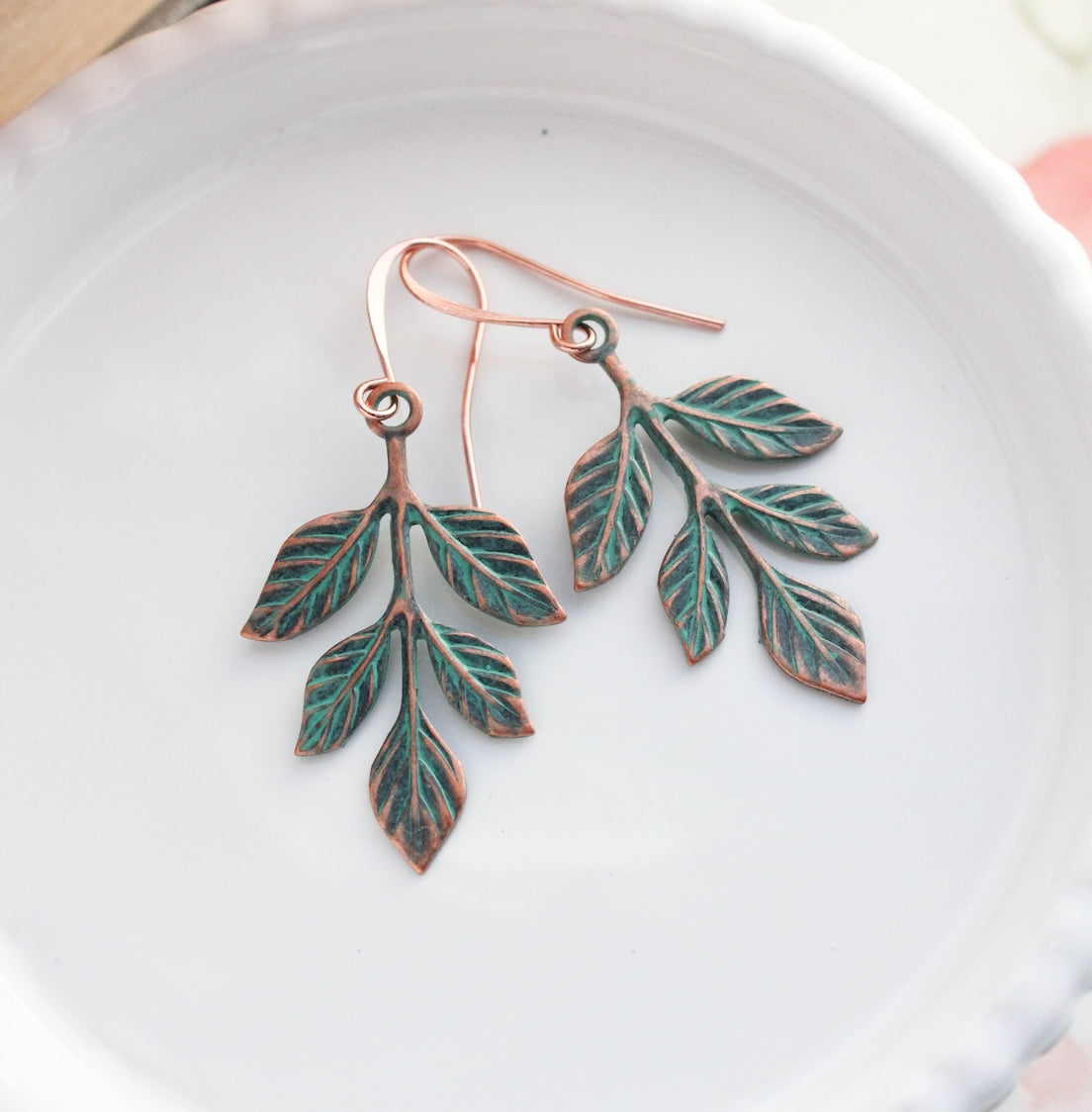 Copper Patina Branch Earrings - Matte Mint