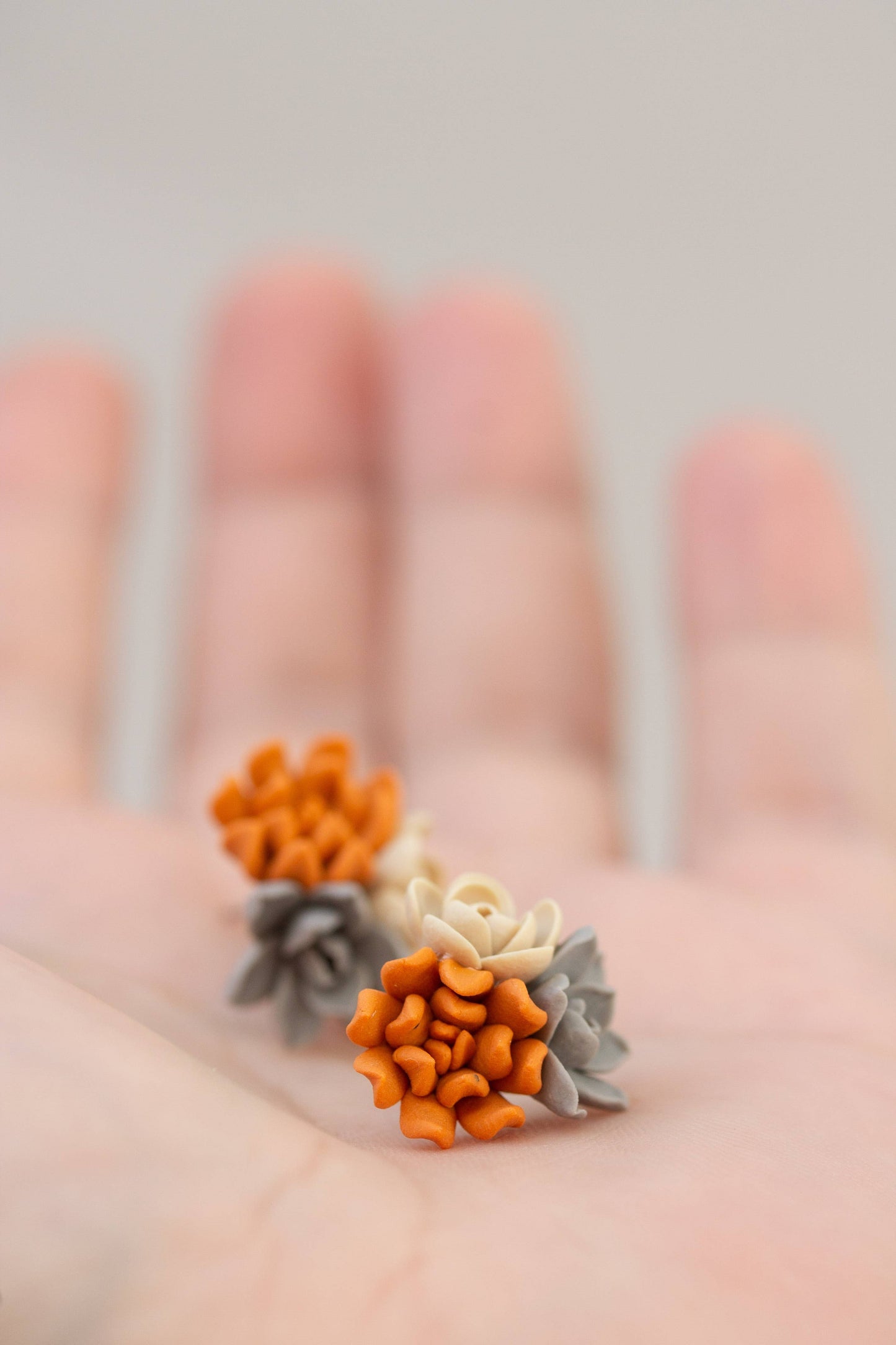 Succulent Stud Earrings - Orange Gray Echeveria Plant