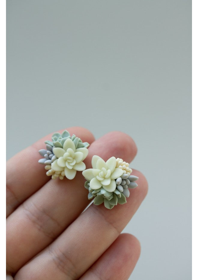 Succulent Stud Earrings - Ivory Green Gray Echeveria Plant Hypoallergenic Earrings