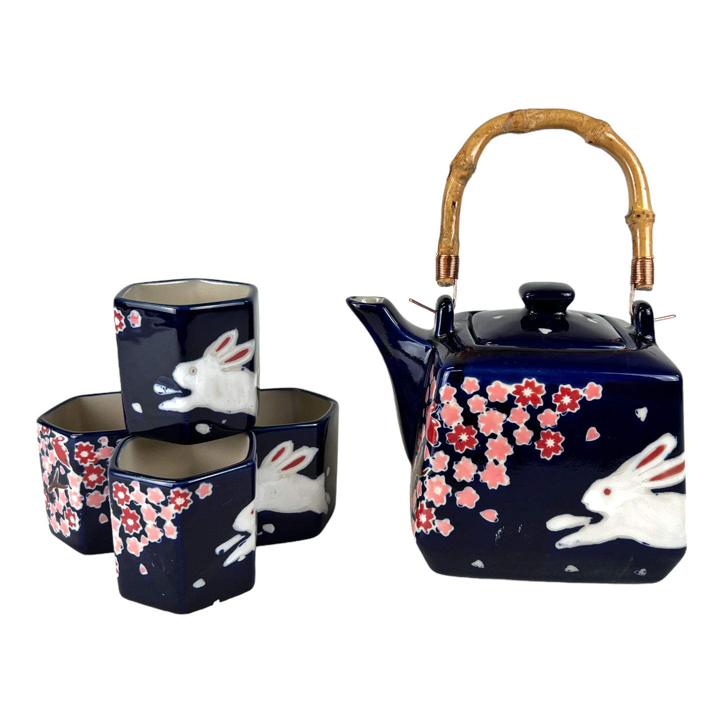 Sakura Cherry Blossoms Rabbit Tea Set 20oz Tea Pot with 4 Hexagon Cups