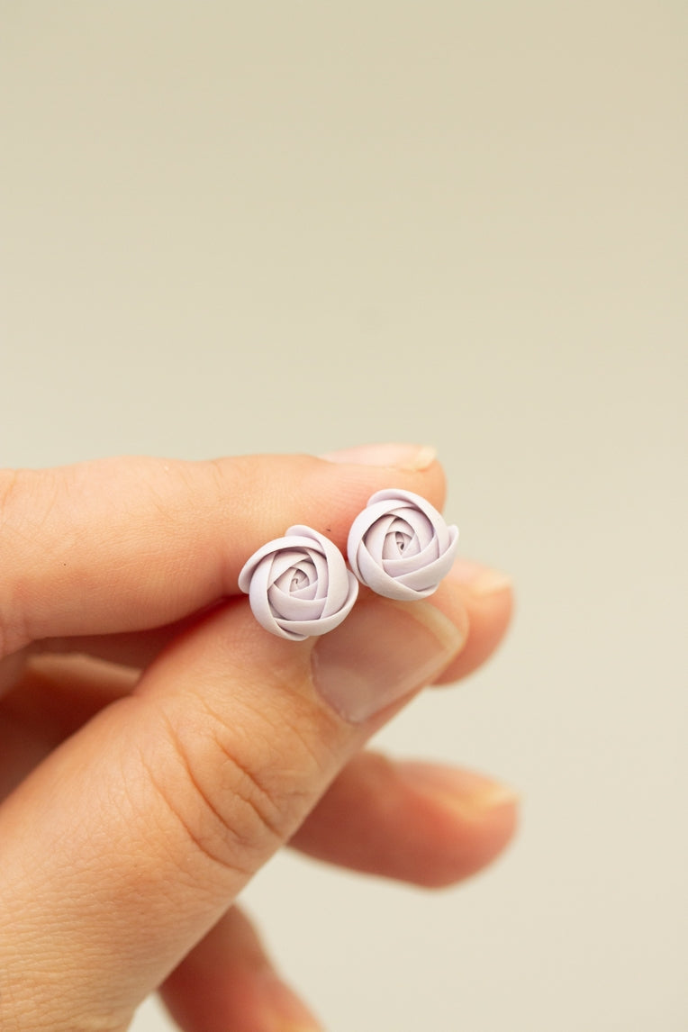 Set of 3 Ranunculus Rose Stud Earrings, Purple, Pink, White