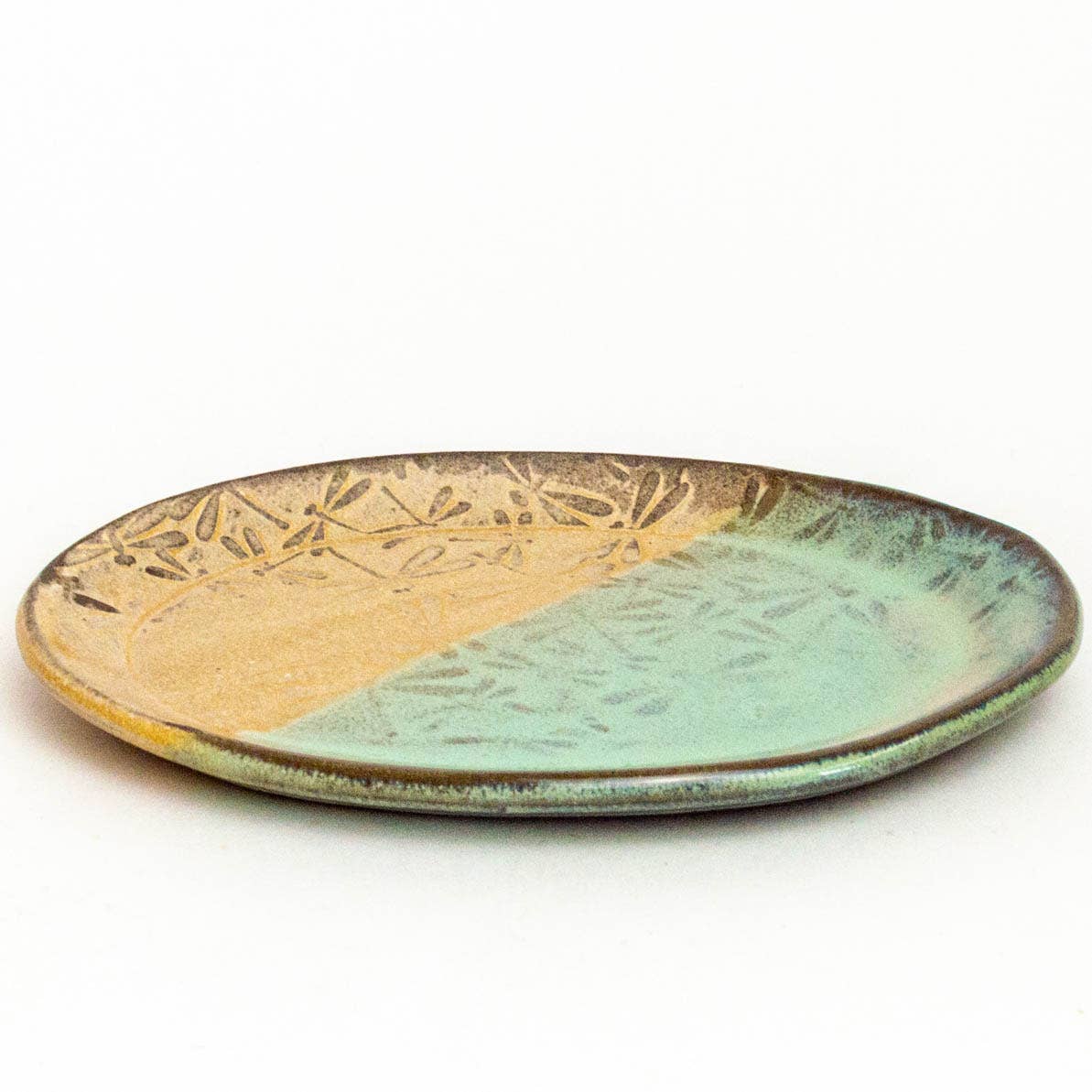 Green Dragonfly Pattern Handmade Ceramic Oval Trinket Dish