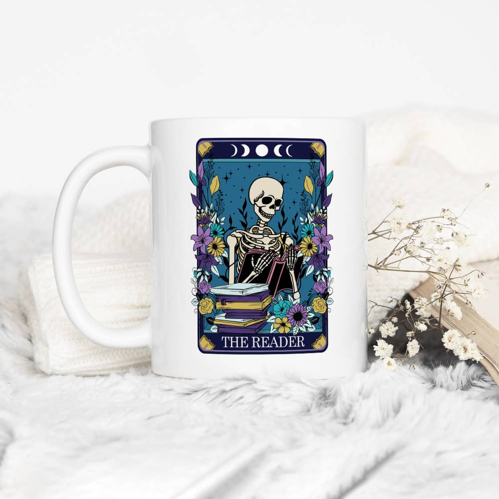The Reader Skeleton Tarot Ceramic Mug