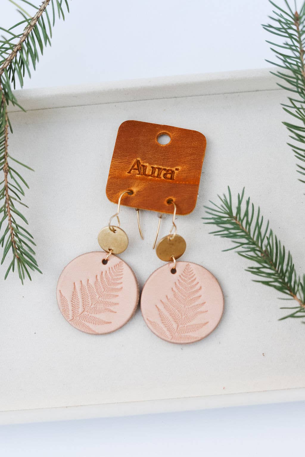 Leather & Brass Stamped Nature Earrings