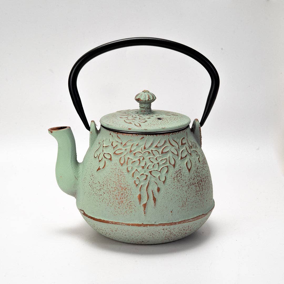 Mint Green Leaves Design 32oz Cast Iron Tea Pot