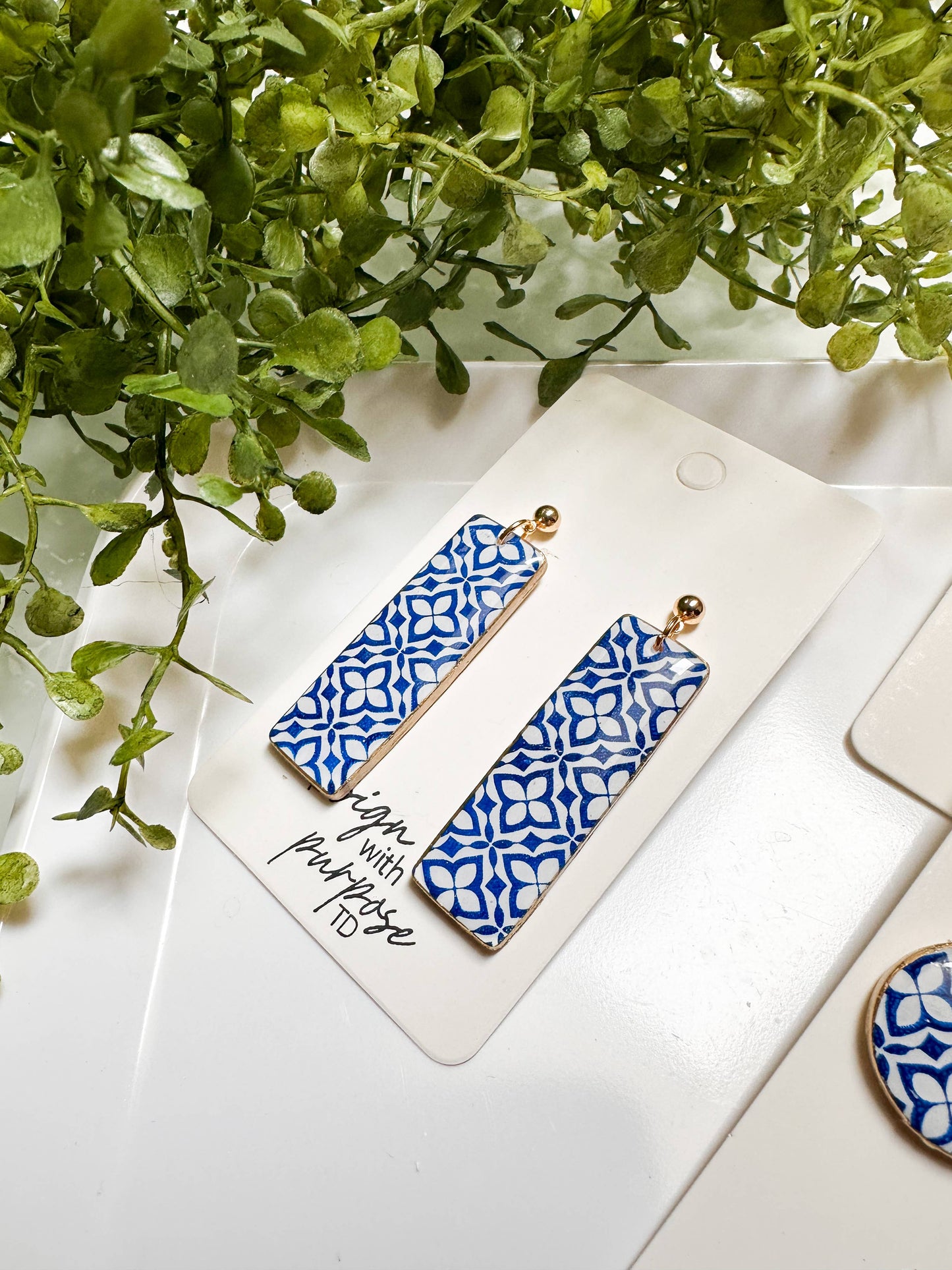 White and Blue Tile Pattern Earrings