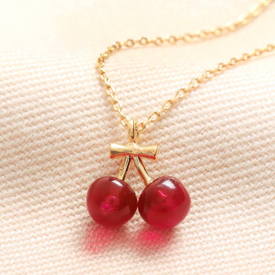 Beaded Cherry Pendant Necklace in Gold
