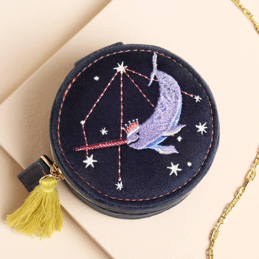Navy Narwhal Velvet Round Travel Jewelery Case