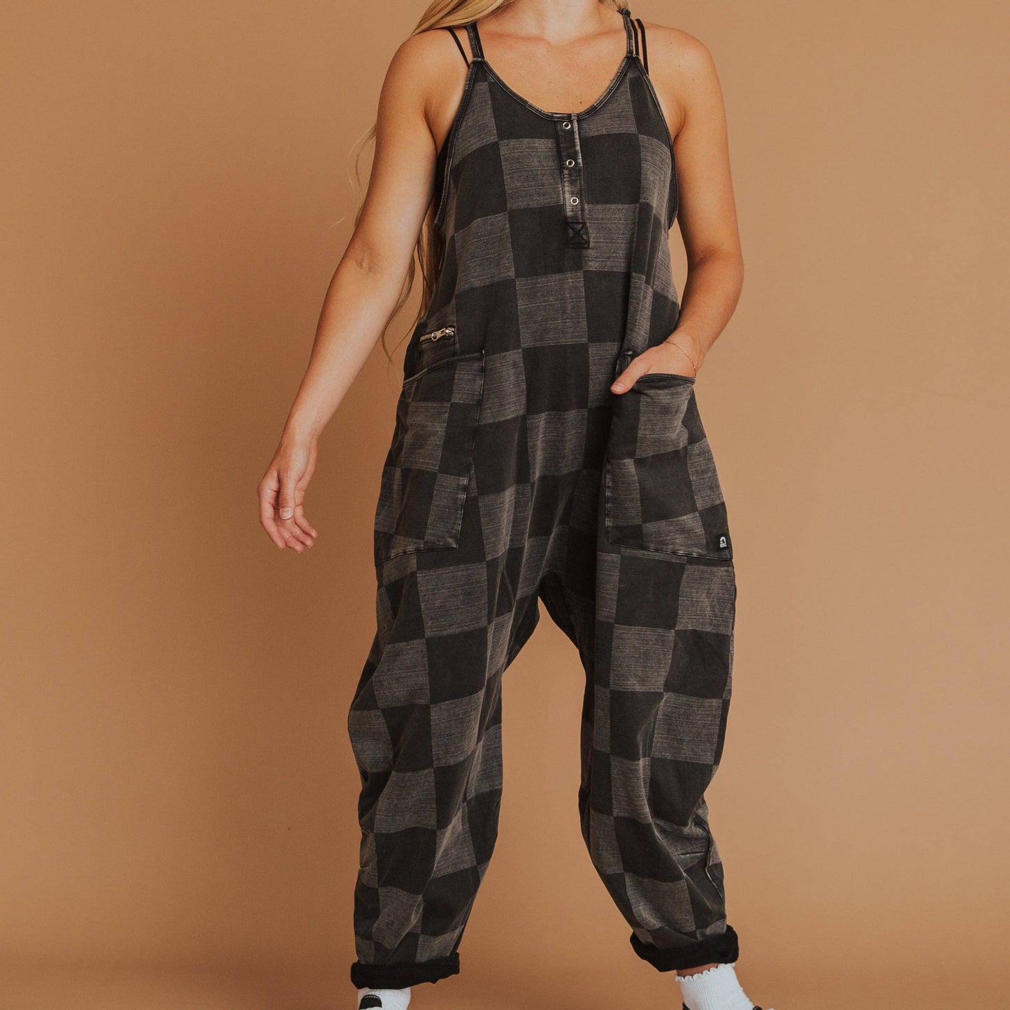 Women's Tank Romper - Black Denim Check