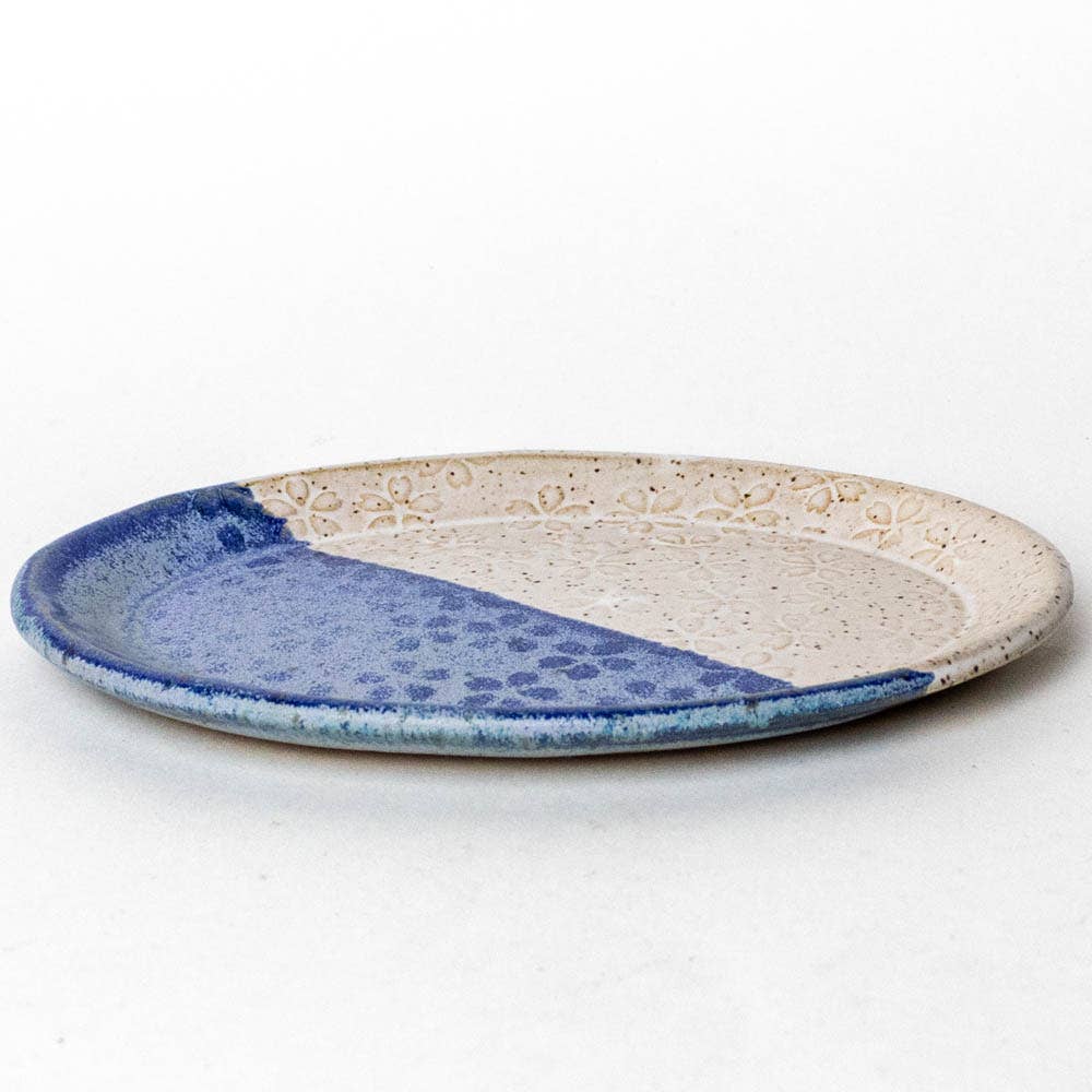 Wht & Blue Flower Pattern Handmade Ceramic Oval Trinket Dish