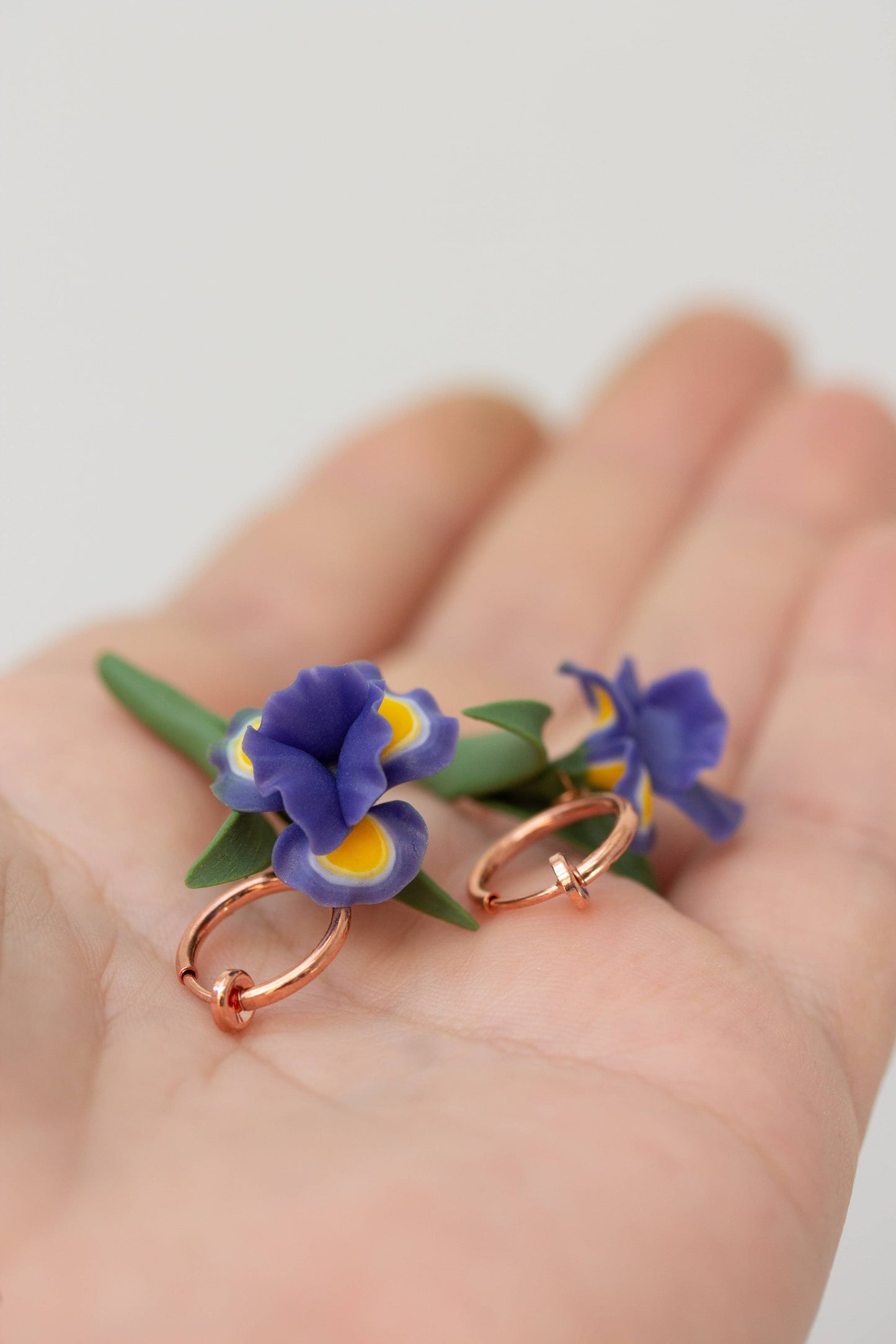 Blue Iris Clip-On Earrings – Handmade Polymer Clay Jewelry