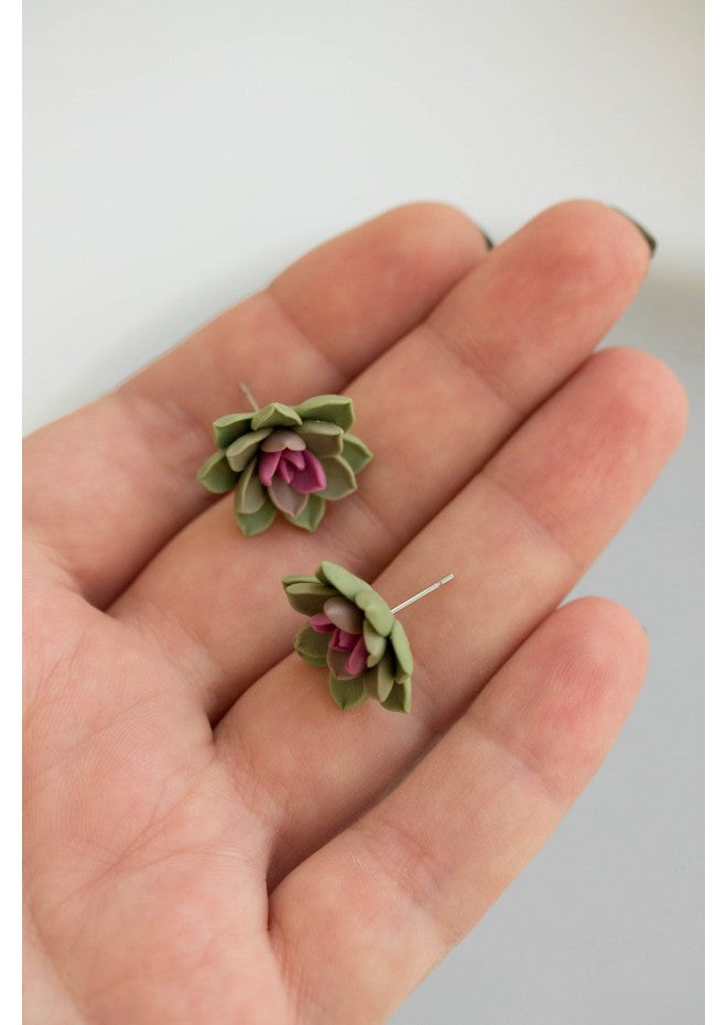 Succulent Stud Earrings - Green & Purple Echeveria