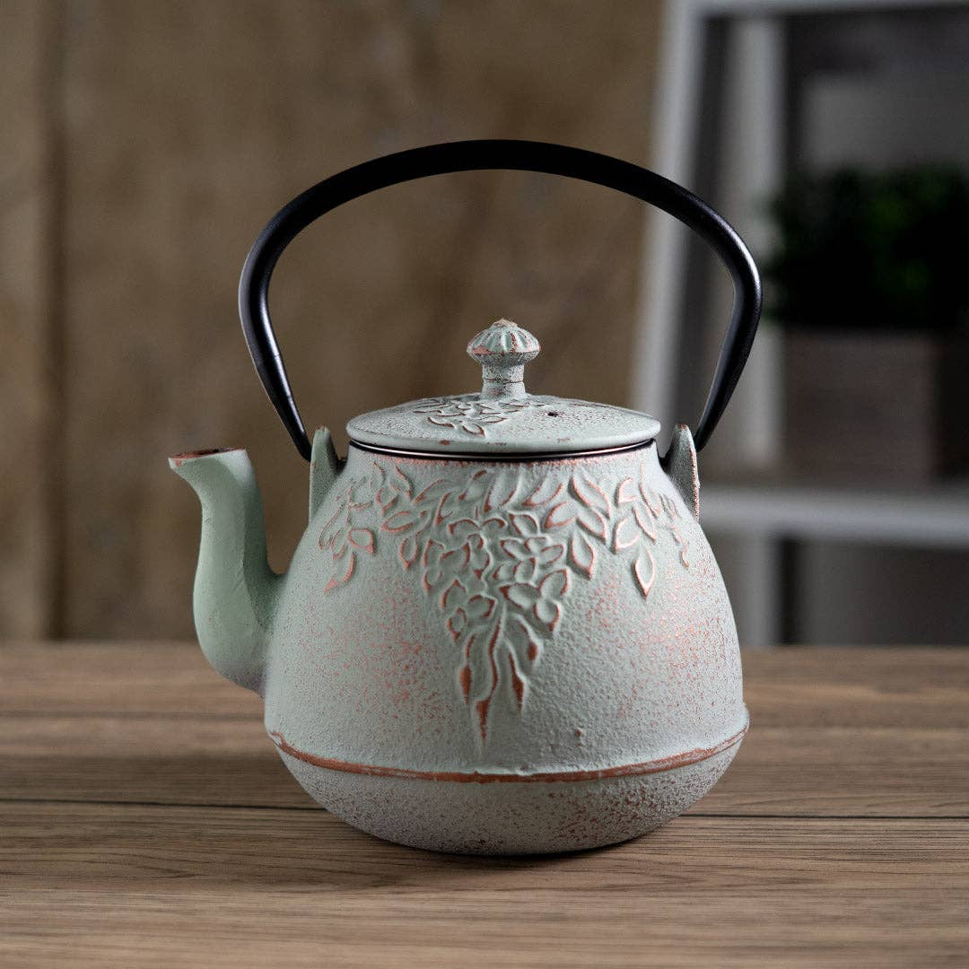 Mint Green Leaves Design 32oz Cast Iron Tea Pot