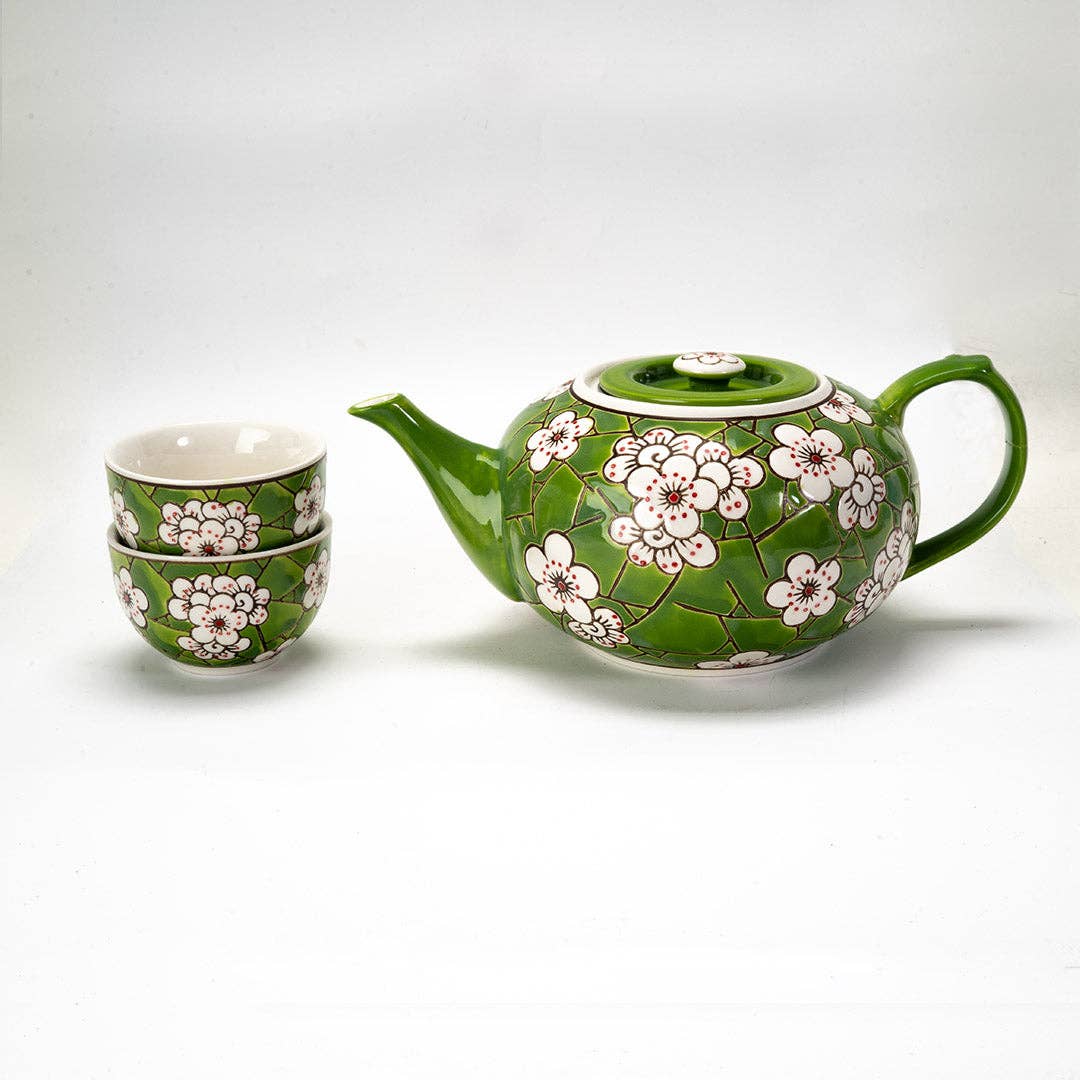 Ume Plum Blossoms Green Tea Set 26oz Tea Pot with 2 Cups