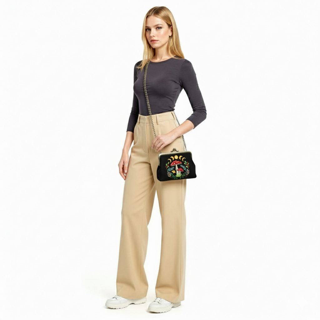 Celestial Mushroom Kiss Lock Bag in Linen Cotton Blend Mater