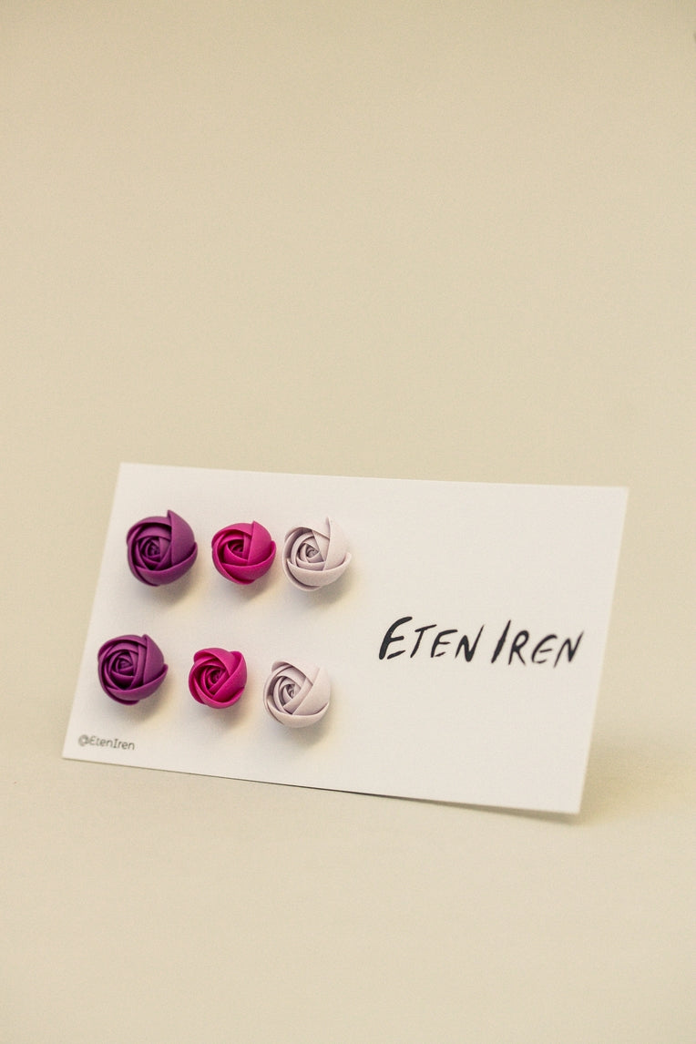 Set of 3 Ranunculus Rose Stud Earrings, Purple, Pink, White