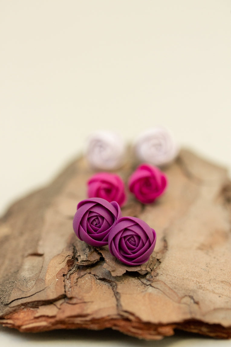 Set of 3 Ranunculus Rose Stud Earrings, Purple, Pink, White