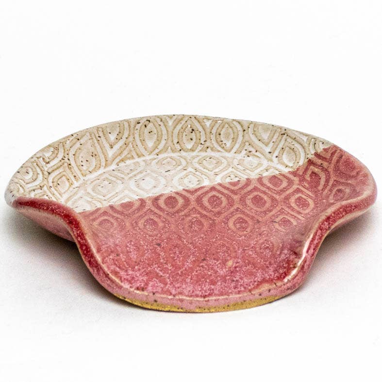 Patterned Red & White Ceramic Spoon Rest Handmade