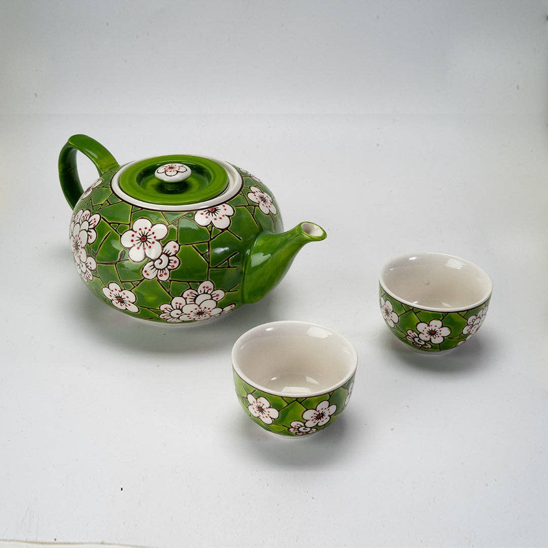 Ume Plum Blossoms Green Tea Set 26oz Tea Pot with 2 Cups