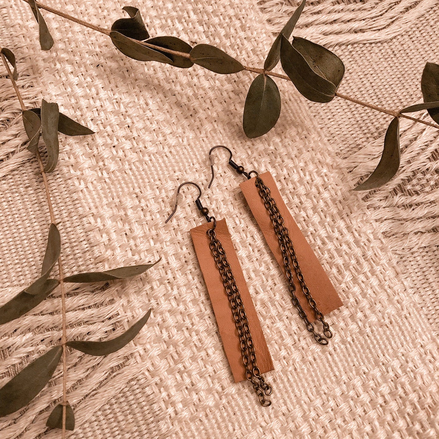 Rectangular Leather Earrings w/ Chain