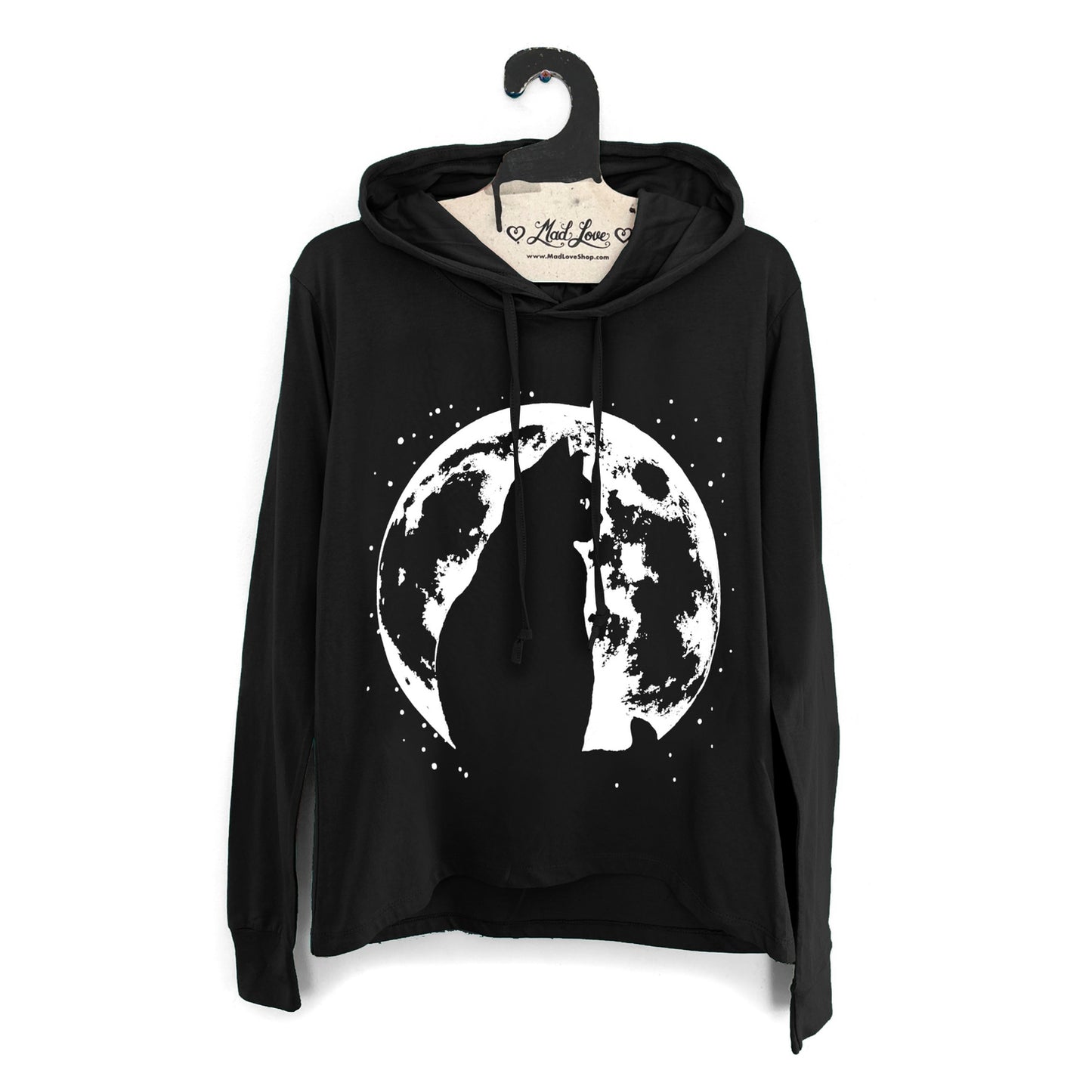 Ladies Black Lightweight Long Sleeve Hooded Tee Cat Moon