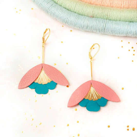Ginkgo Flower Earrings – Cerulean Blue and Pink Leather