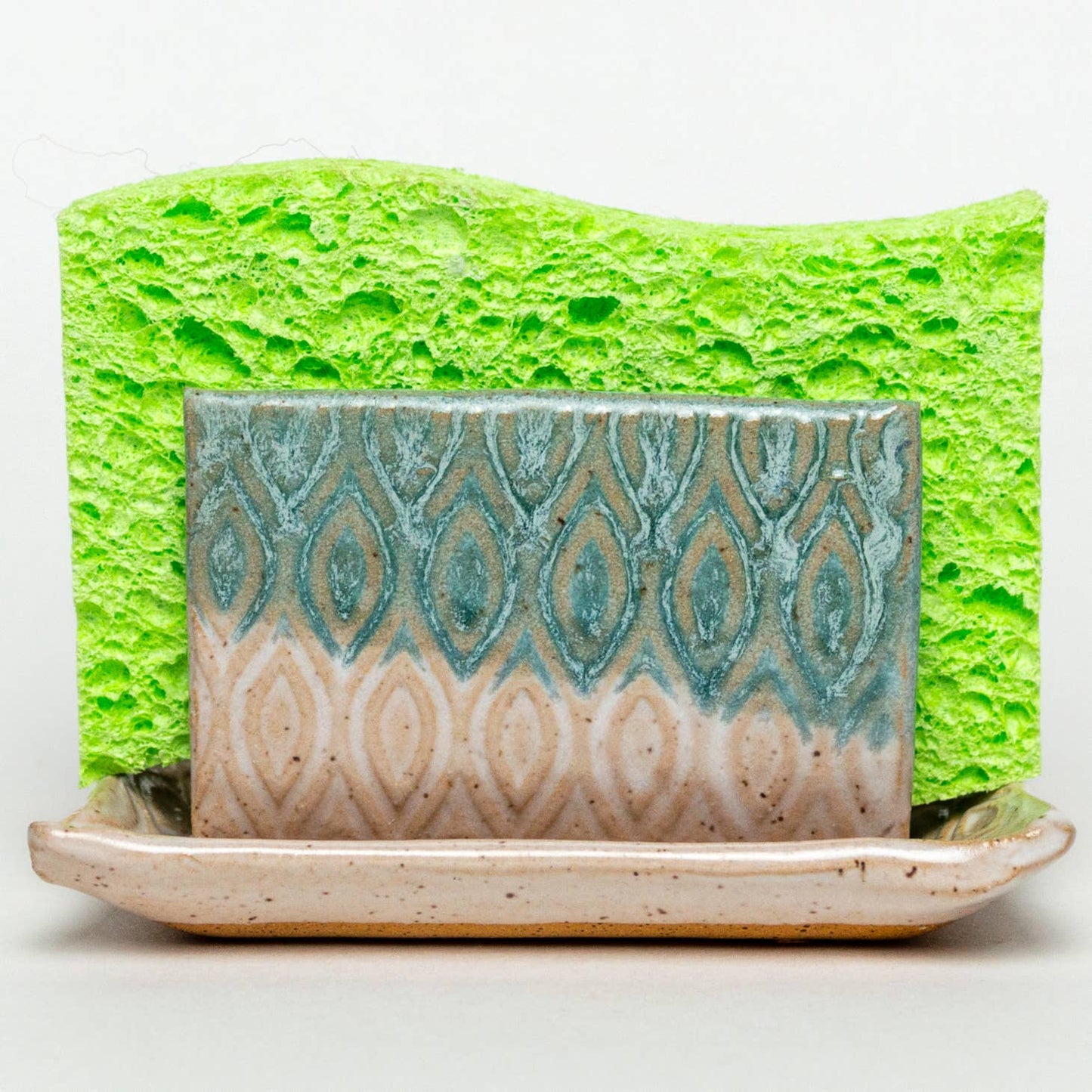 Patterned Handmade Green & White Ceramic Sponge Holder