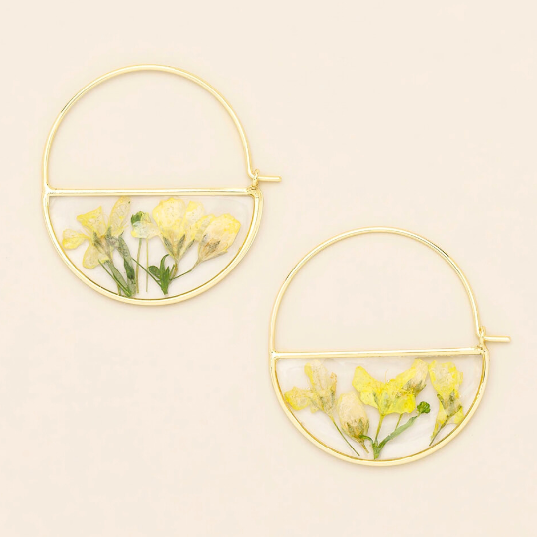 Pressed Flower Hoop Earring - Yellow Baby's Breath/Gold