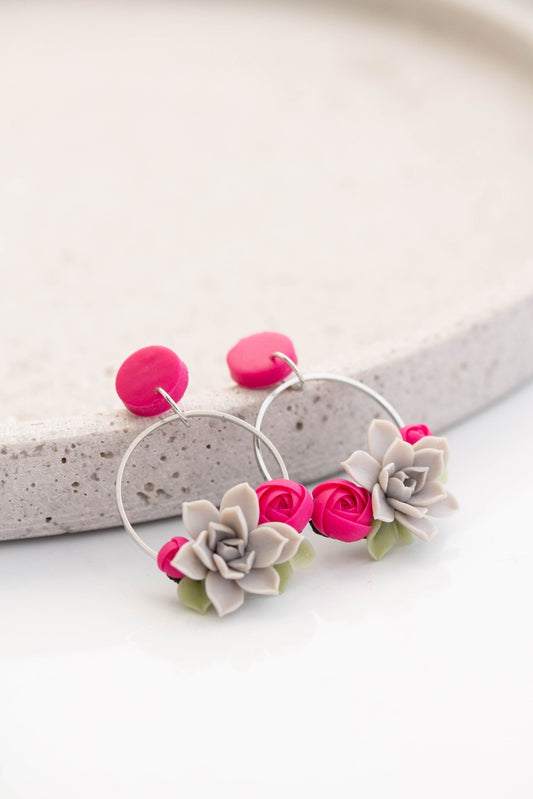 Gray Hot Pink Succulent Dangle Earrings