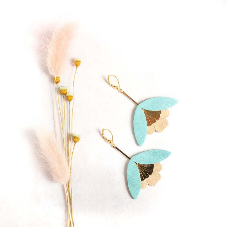 Ginkgo Flower Earrings – Cyan Blue and Beige Leather