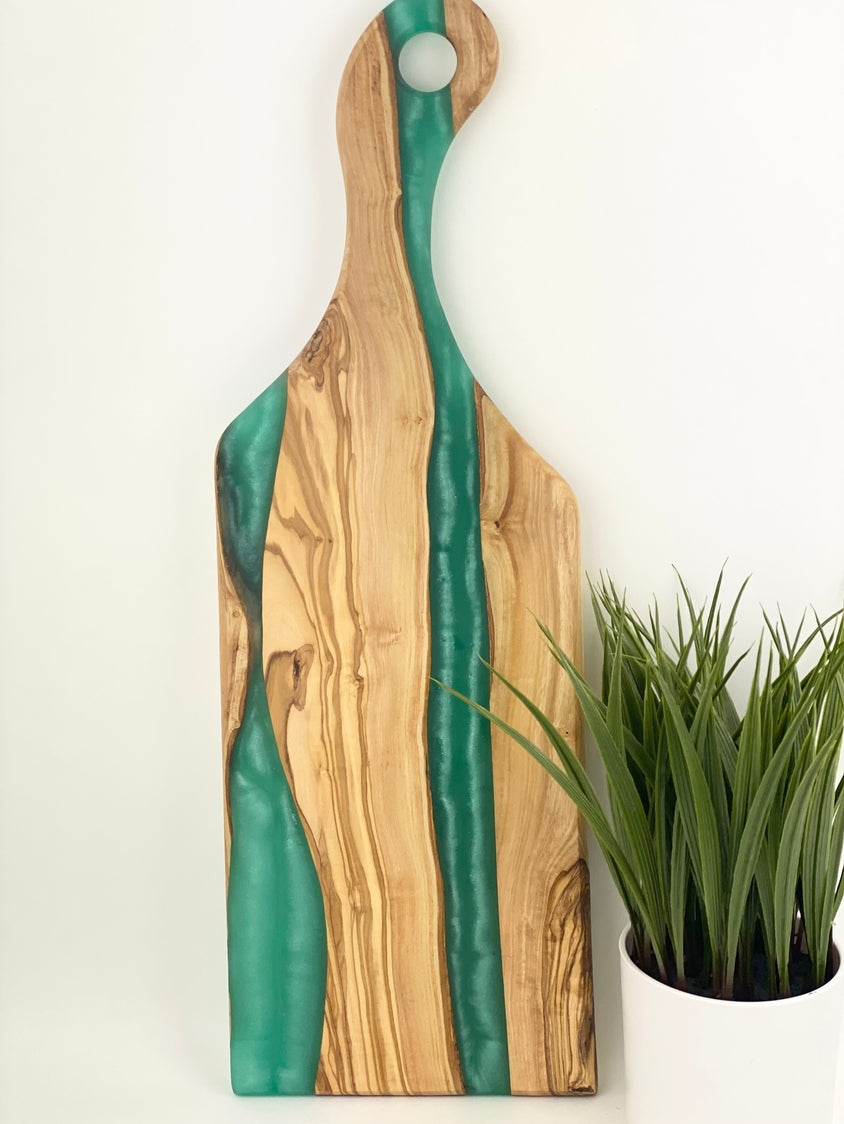 Olive Wood And Resin Long Handle Serving Board