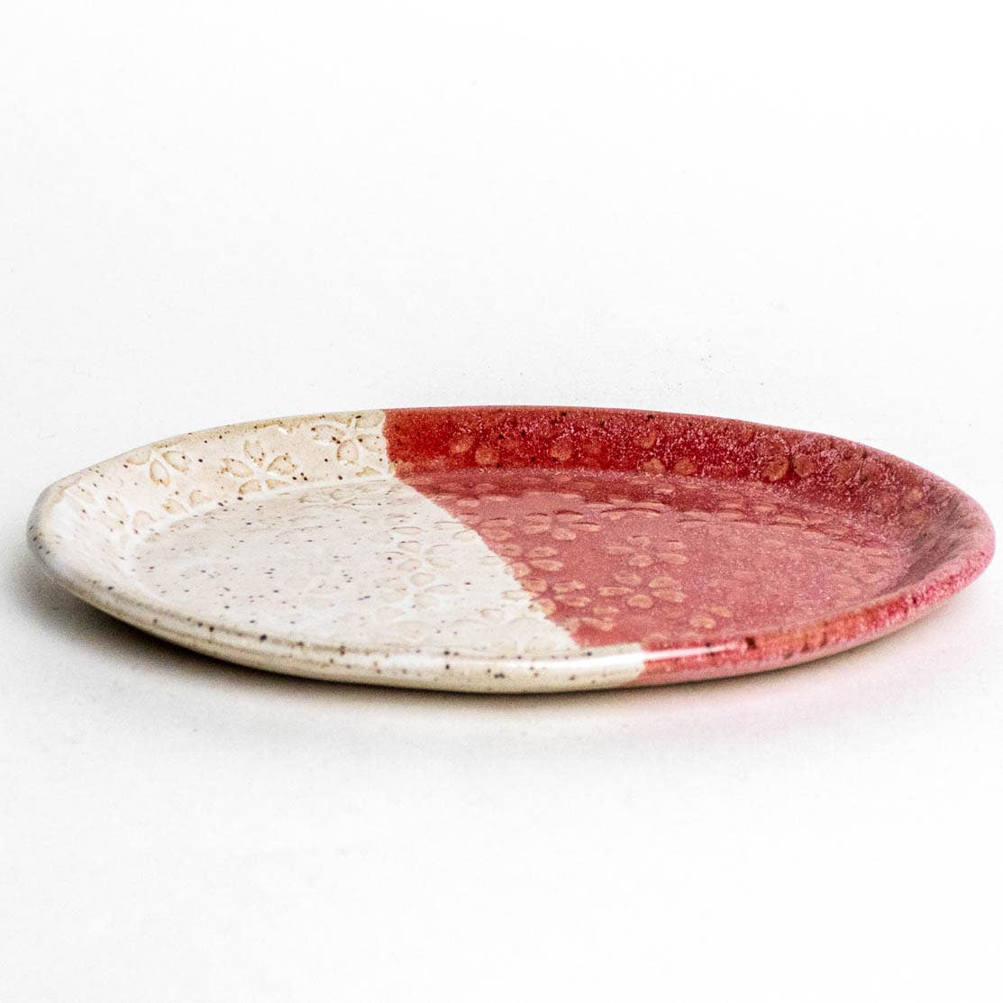 Wht & Red Flower Pattern Handmade Ceramic Oval Trinket Dish