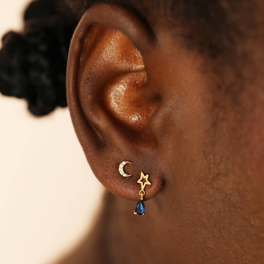 Set of 2 Crystal Moon Stud and Blue Drop Earrings in Gold