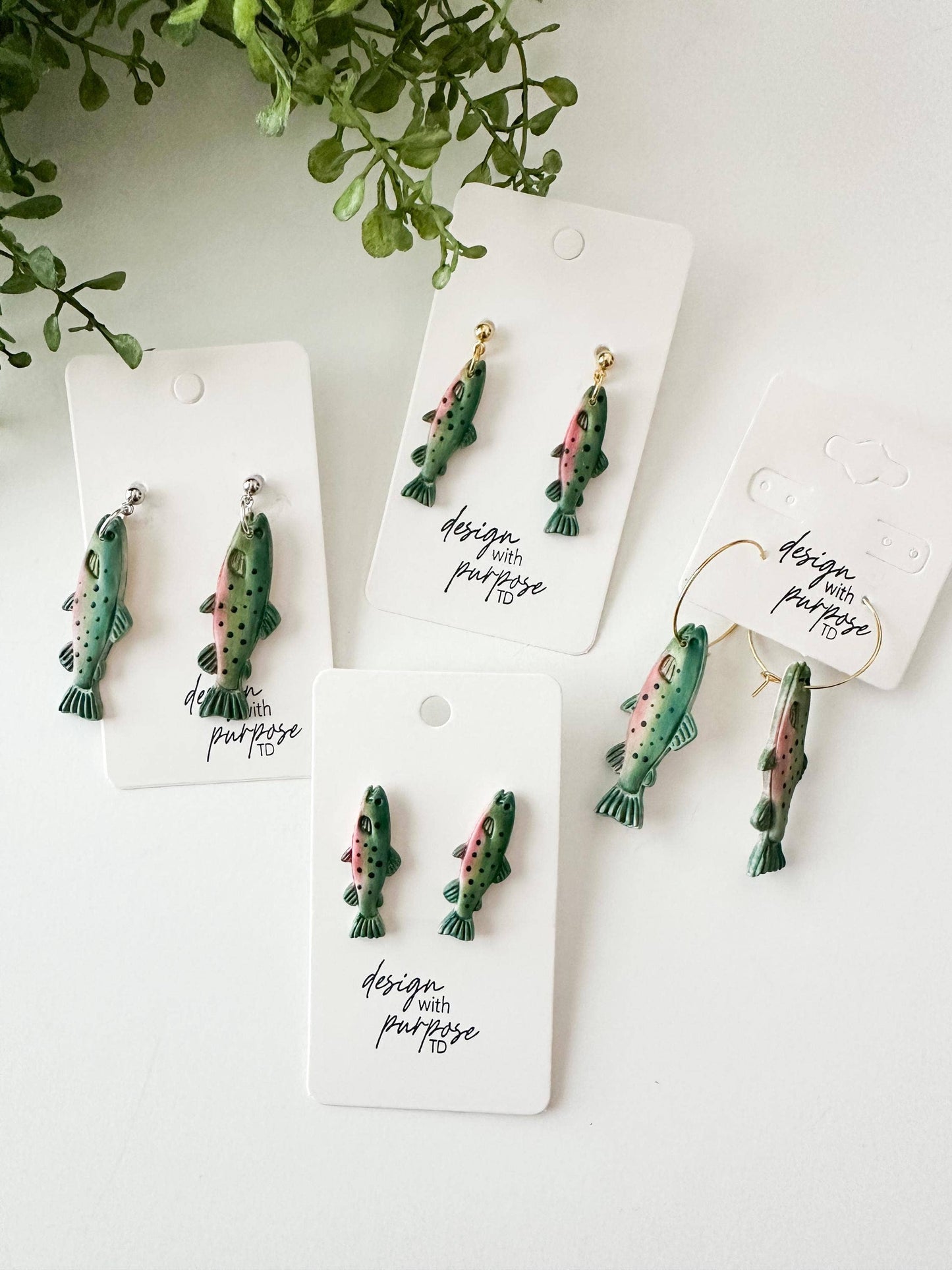 Rainbow Trout and Worm Clay Statement Earrings