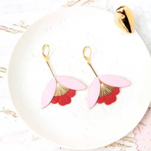 Ginkgo Flower Earrings – Pink and Deep Red Leather