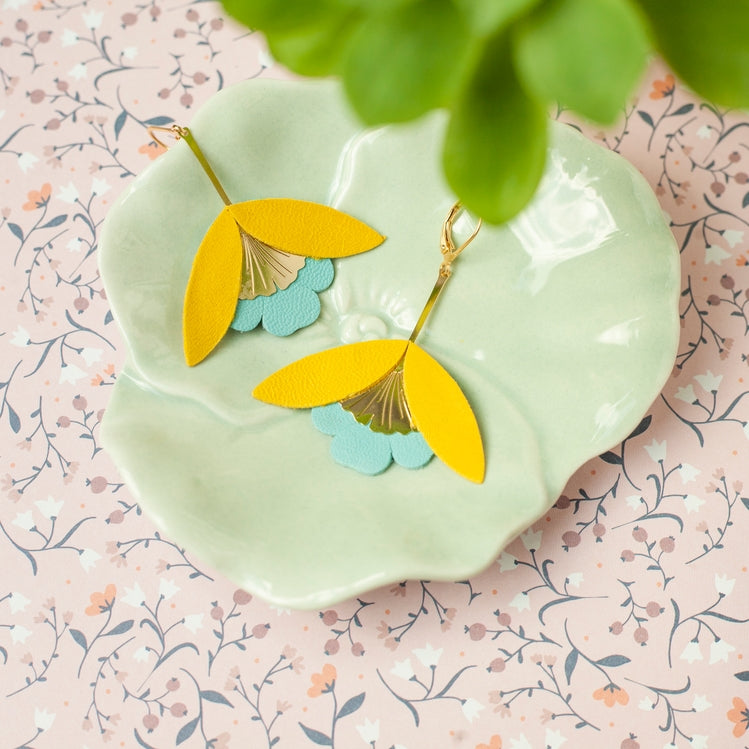 Ginkgo Flower Earrings – Yellow and Blue Leather