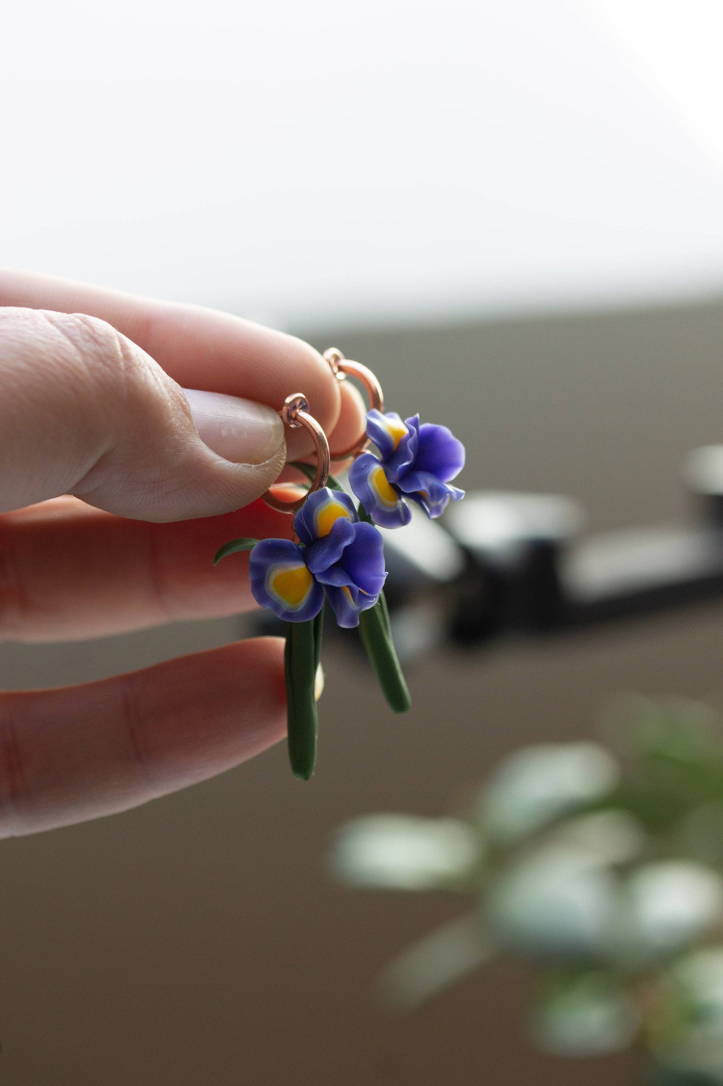 Blue Iris Clip-On Earrings – Handmade Polymer Clay Jewelry