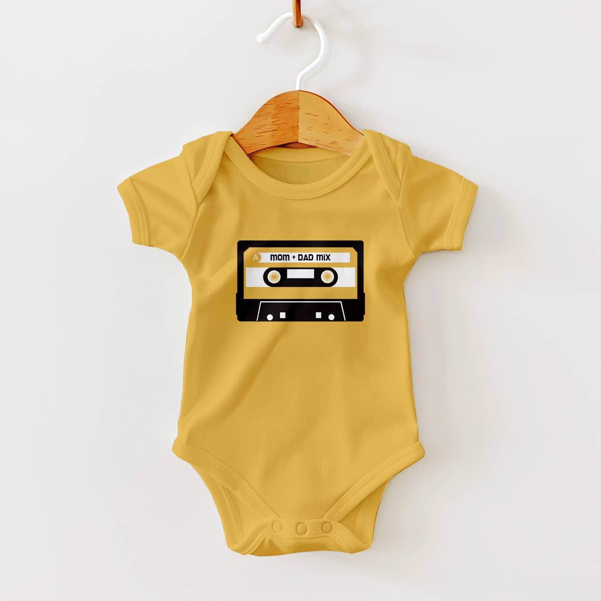 Mix Tape Cassette on Mustard Baby Bodysuit