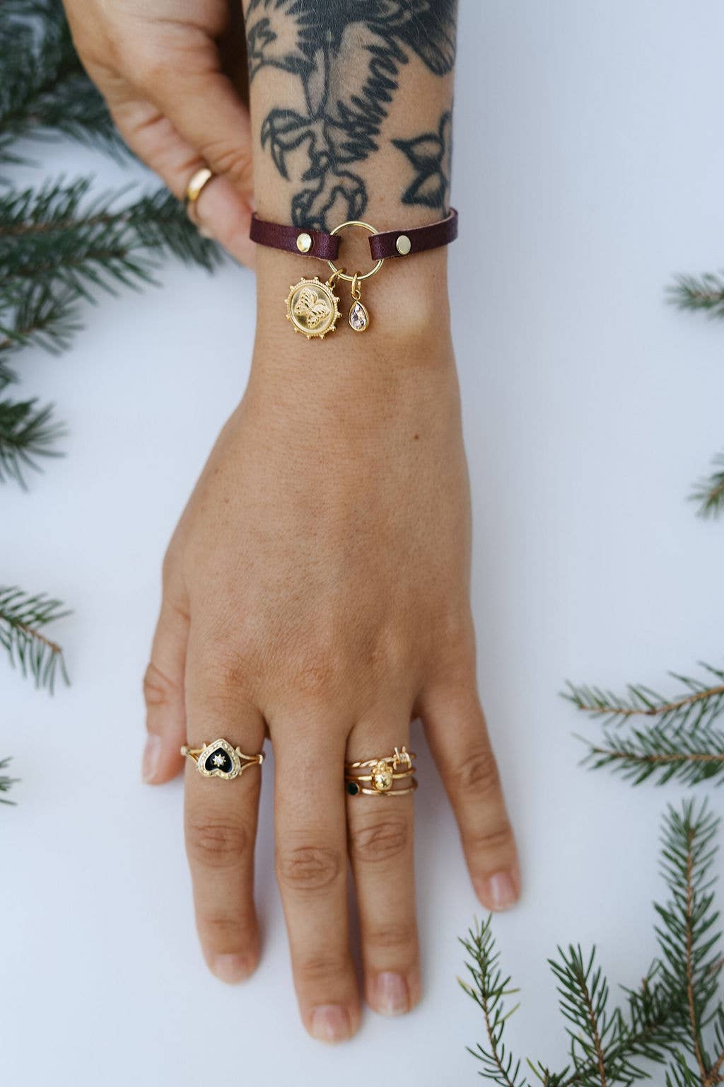 Leather Bracelet - Gold Charms
