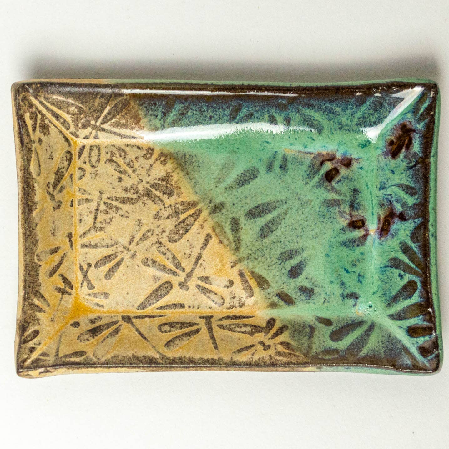 Dragonfly Design Handmade in Ohio Ceramic Green Trinket Dish