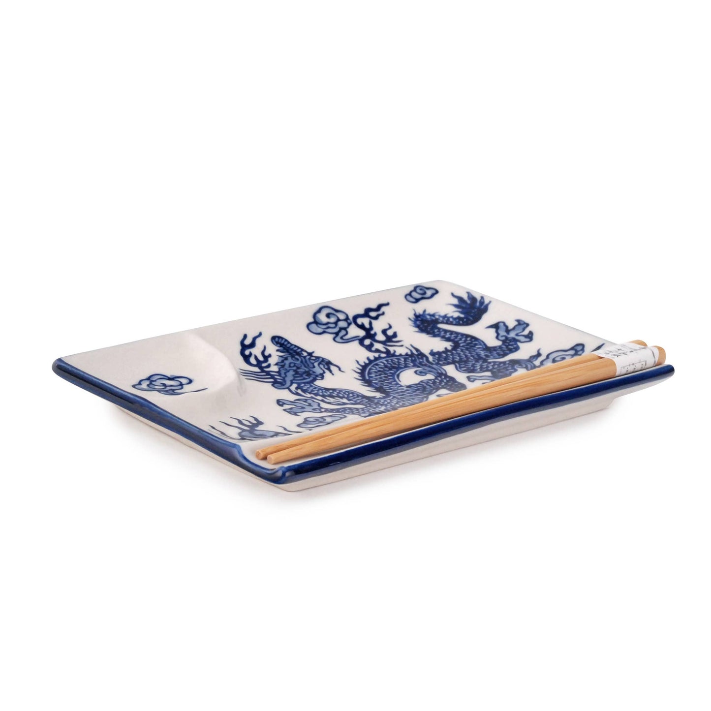 MIRA DIVIDED PLATE WITH CHOPSTICKS – BLUE CHINESE DRAGONS