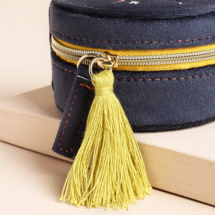 Navy Narwhal Velvet Round Travel Jewelery Case