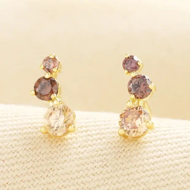 Brown Triple Crystal Climber Stud Earrings in Gold