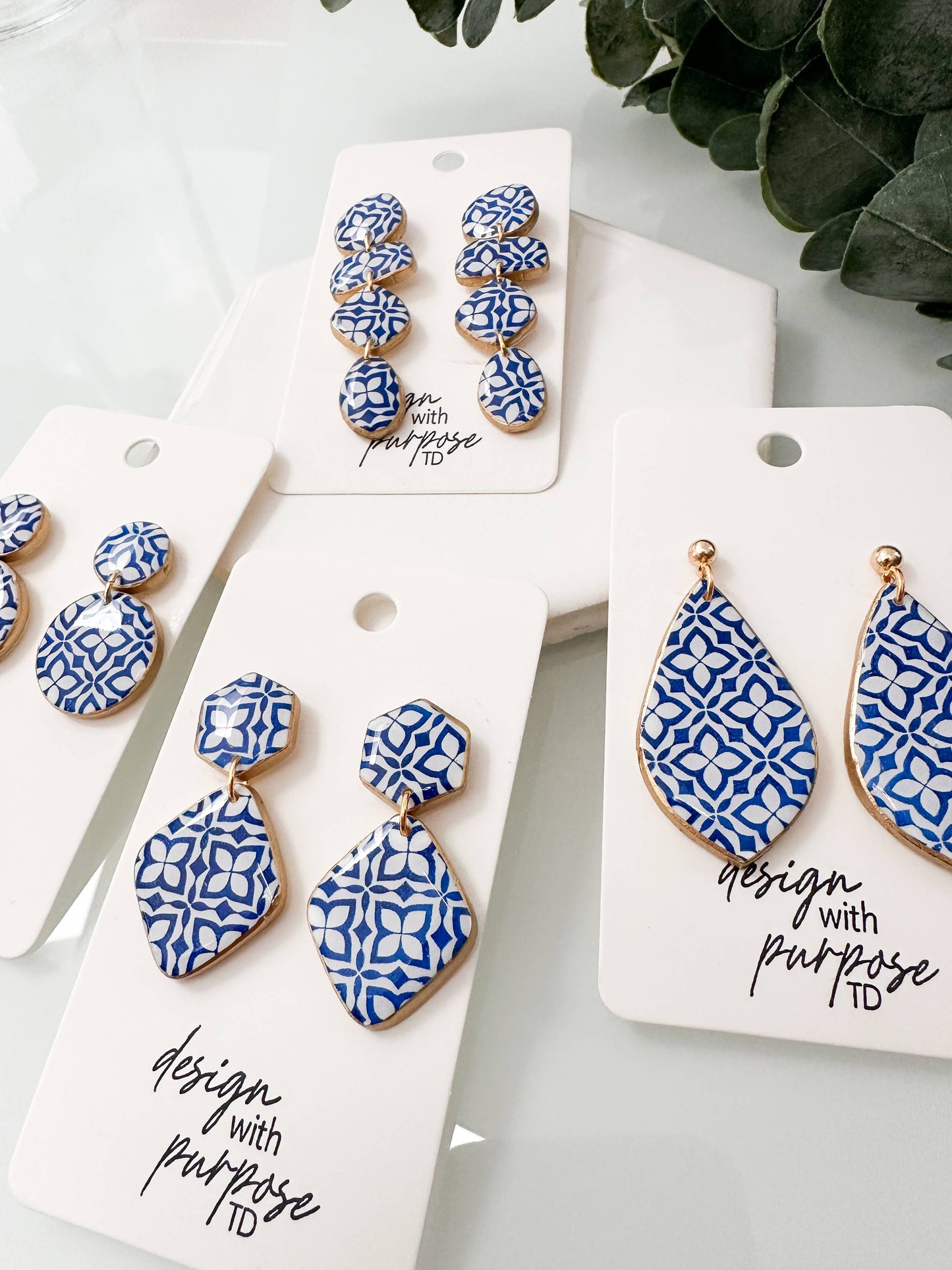 White and Blue Tile Pattern Earrings