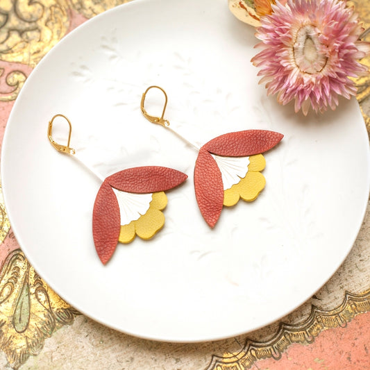 Ginkgo Flower Earrings – Terracotta and Yellow Leather