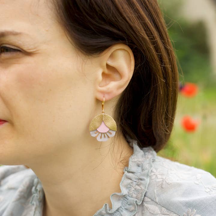 Cherry Flower Earrings – Gold, Pink and Grey Leather