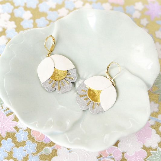 Cherry Flower Earrings – White, Gold, Silver Leather