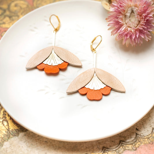 Ginkgo Flower Earrings – Salmon Pink and Orange Leather